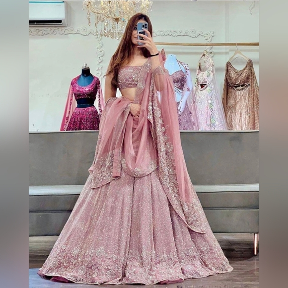 Elegant Gorgette Pink Embellished Lehenga Choli - Picture 1 of 14